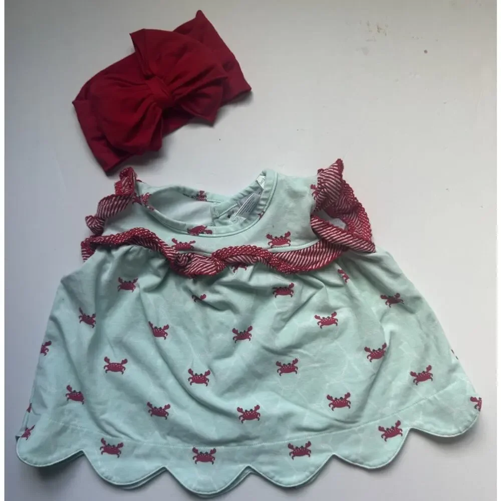 Ishtex Baby Girl Crab Print Scallop Hem Top 6M + RuffleButts Bow